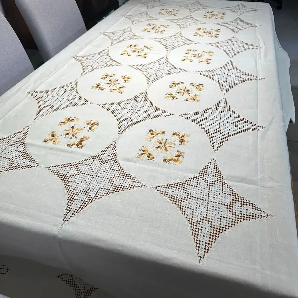 Vintage Hand-Stitched Irish Linen Tablecloth Cream Gold 63